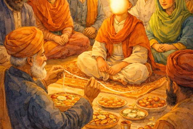 Mehta Kalu talking to young Nanak about the janeu ceremony