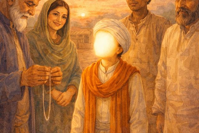 Young Nanak standing and speaking his profound words