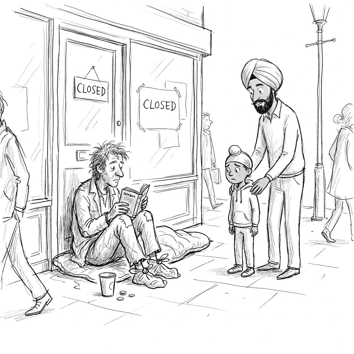 Fateh Singh looking at the man sitting in the doorway of the closed shop