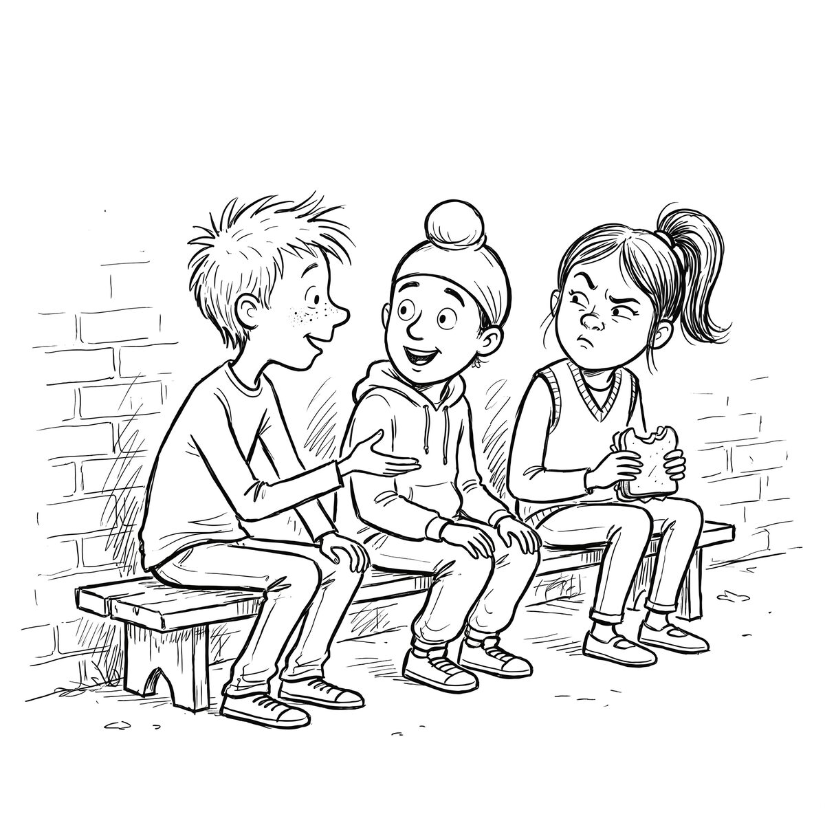 Fateh, Ruby, and Oliver planning the charity run in the schoolyard