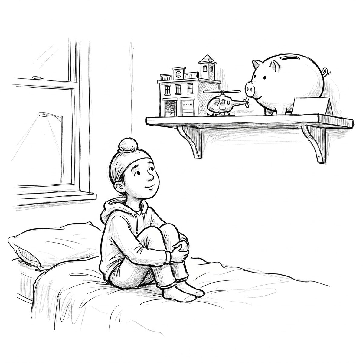 Fateh looking at the empty piggy bank on the shelf in his bedroom