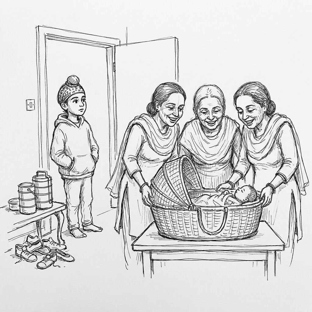 The family gathered around the baby's basket in the front room