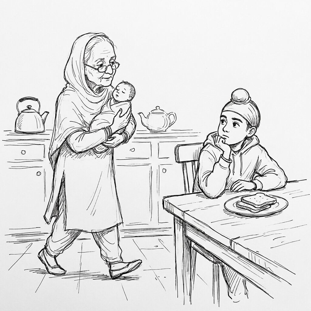 Dadi ji walking the kitchen with the baby while Fateh eats his toast alone