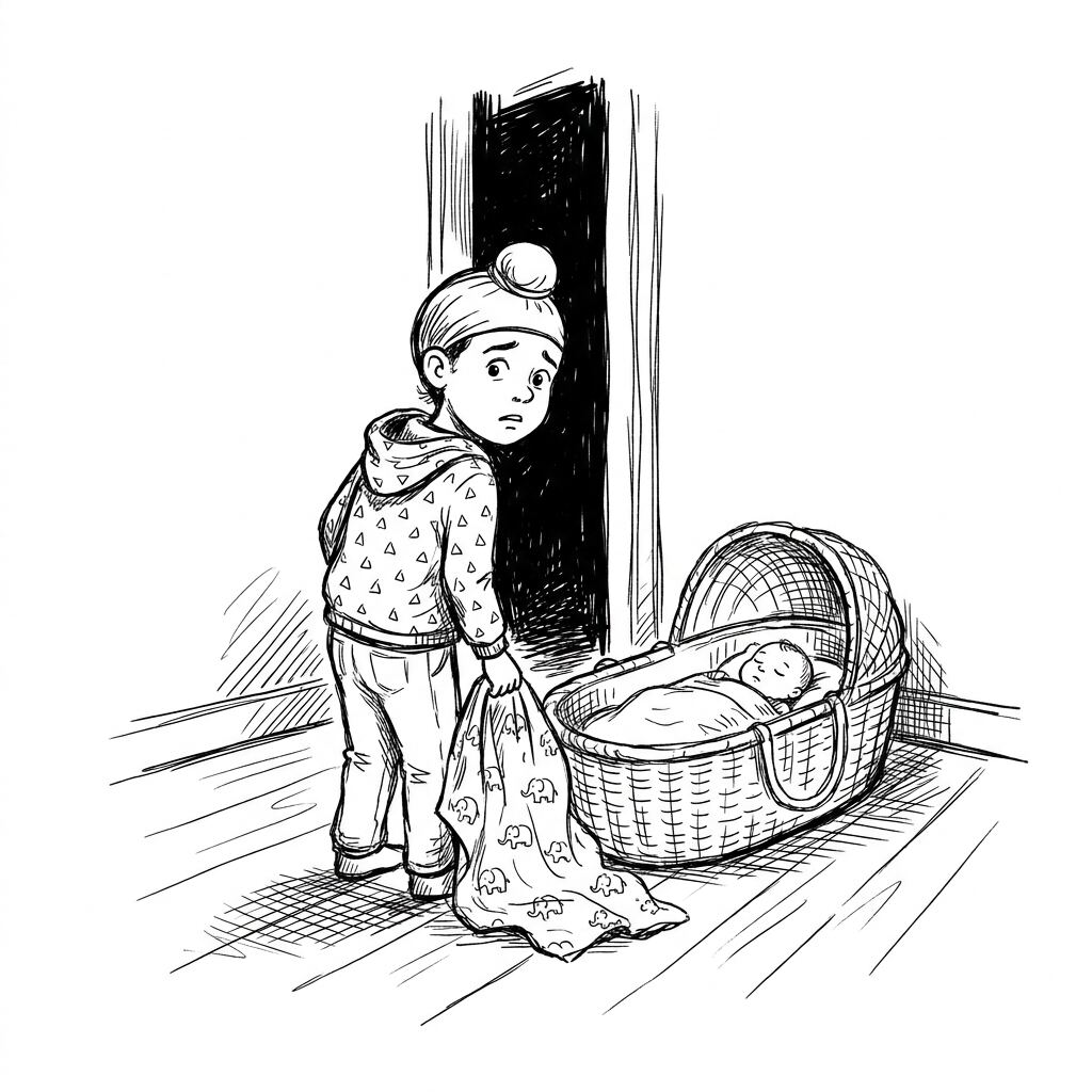Fateh Singh standing by the basket in the dim bedroom, holding the blanket
