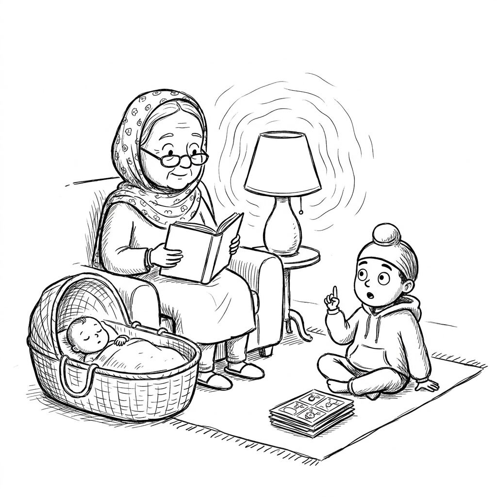 Dadi ji reciting Kirtan Sohila beside the basket in the lamplight while Fateh listens