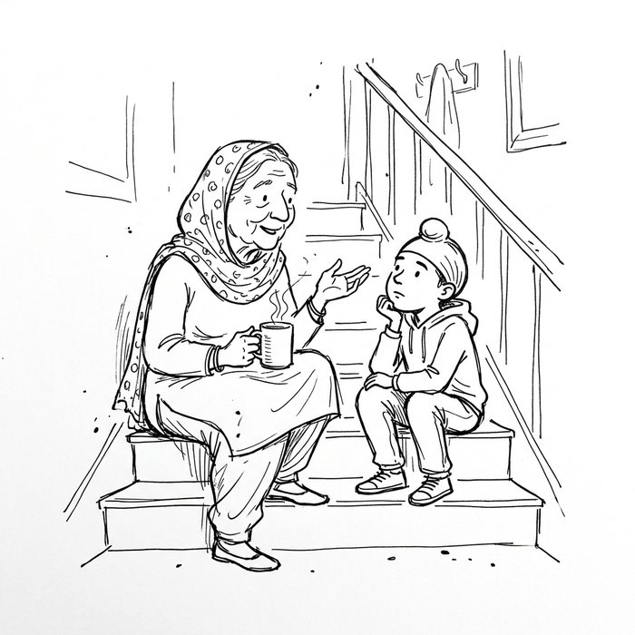 Dadi ji sitting with Fateh Singh on the stairs, sharing the sakhi of Bhai Lalo