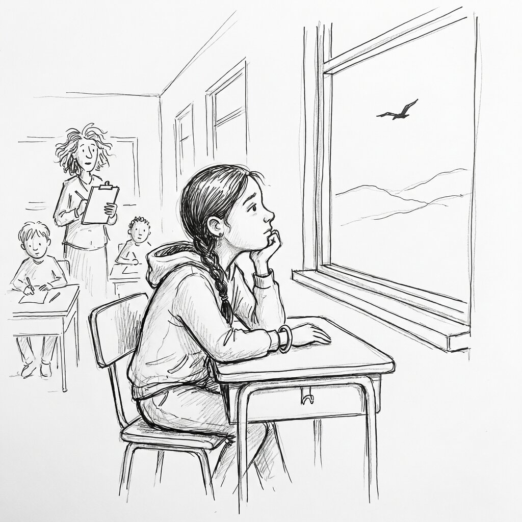 Sehaj watching a hawk through the classroom window while the new teacher reads the register