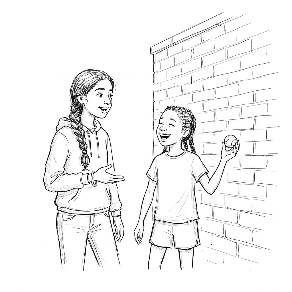 Sehaj and Tracy by the handball wall at recess, Tracy bouncing a tennis ball