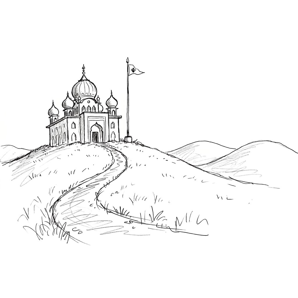 The white gurdwara with golden domes on the hilltop, the family arriving on a Saturday morning