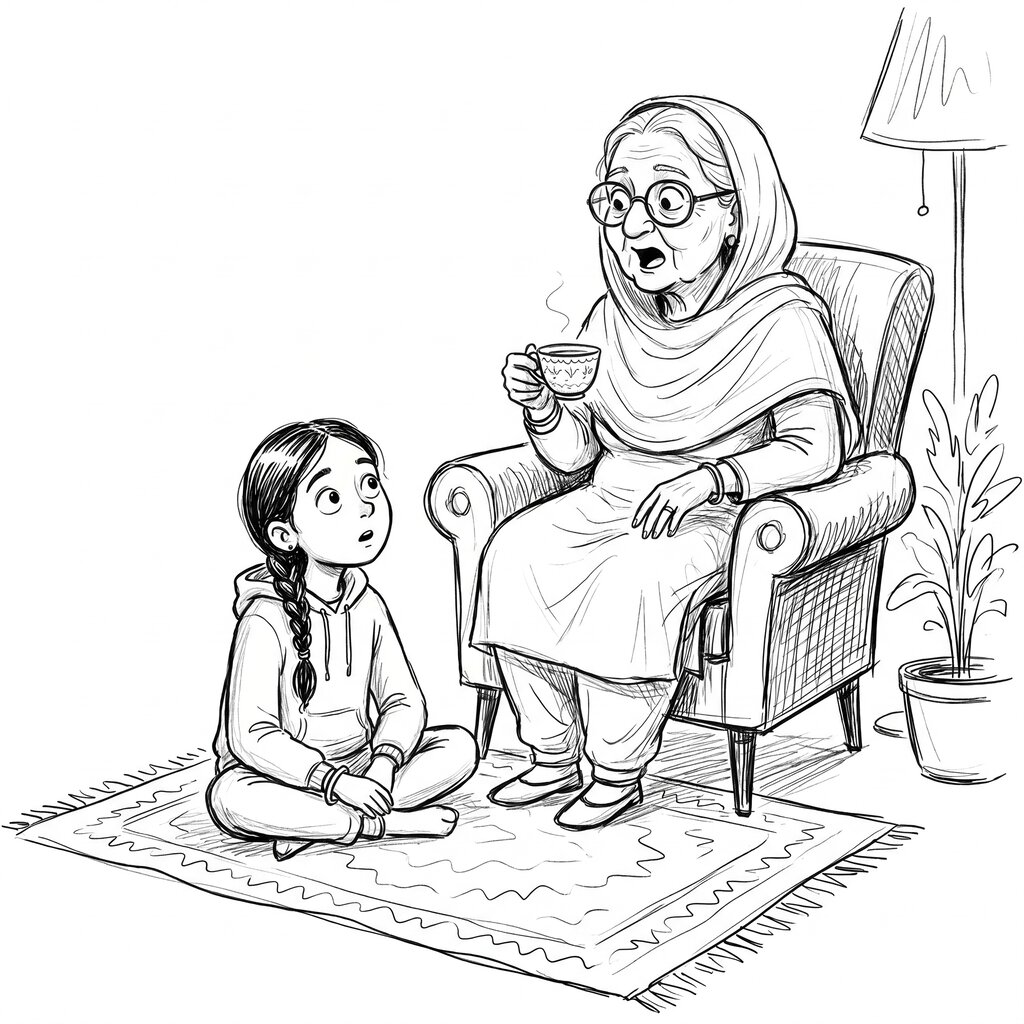 Dadi ji telling the sakhi of Mai Bhago in the living room, Sehaj sitting on the rug
