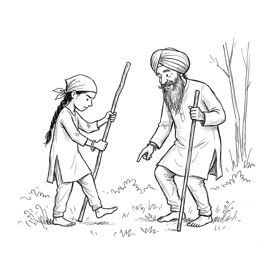 Sehaj's first gatka lesson in the park, holding a wooden stick beside Veer ji and Harleen