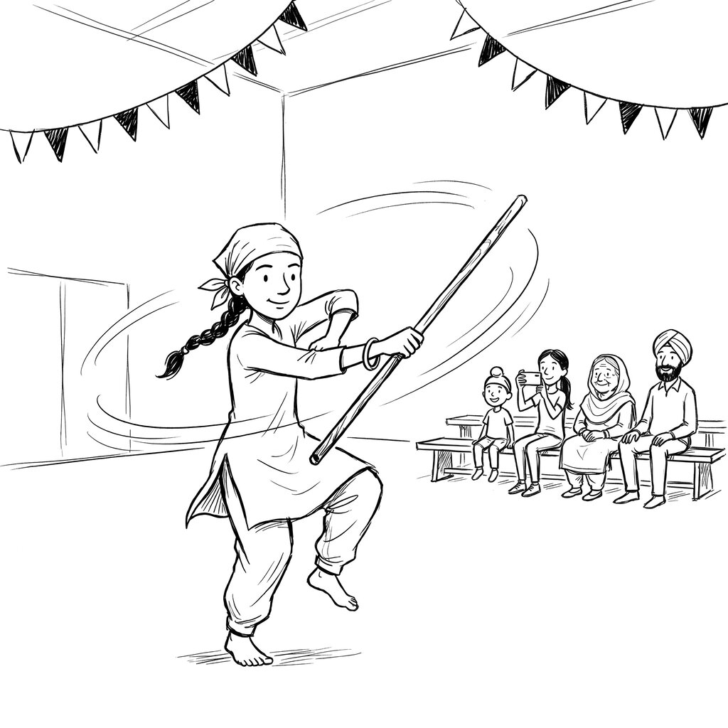 Sehaj performing gatka in the school gym, the spinning stick a blur, her family watching from the bleachers