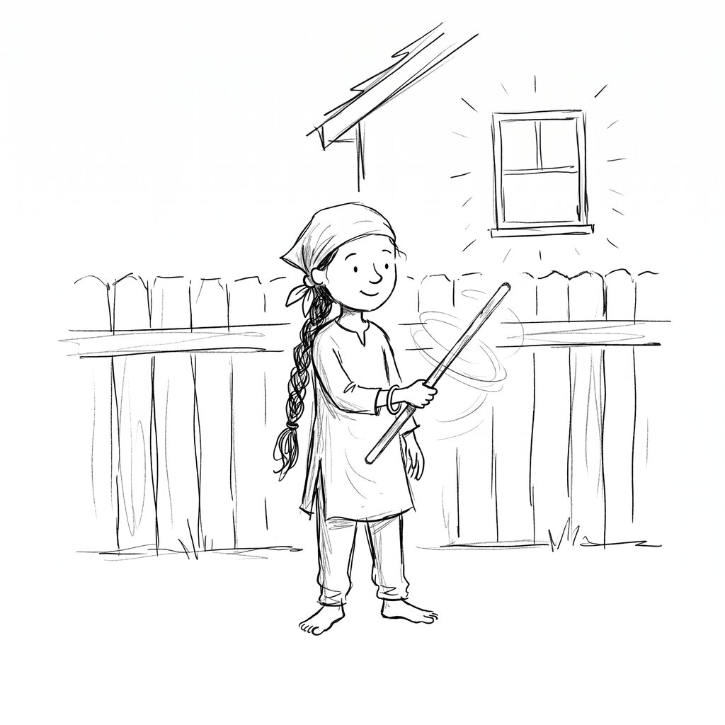 Sehaj spinning her stick alone in the backyard at dusk, the kitchen window glowing warm behind her