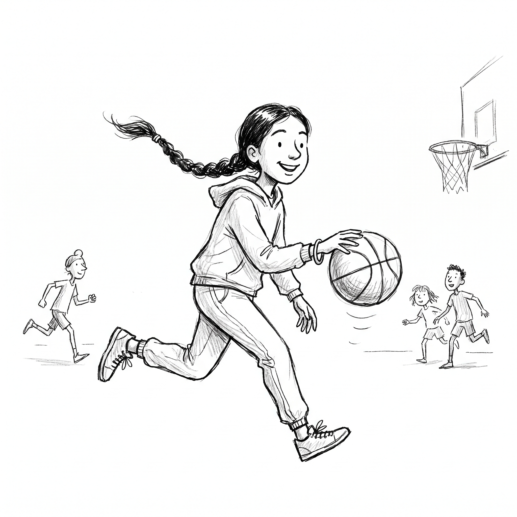 Simran dribbling a basketball in the school gym, grinning, her braid swinging