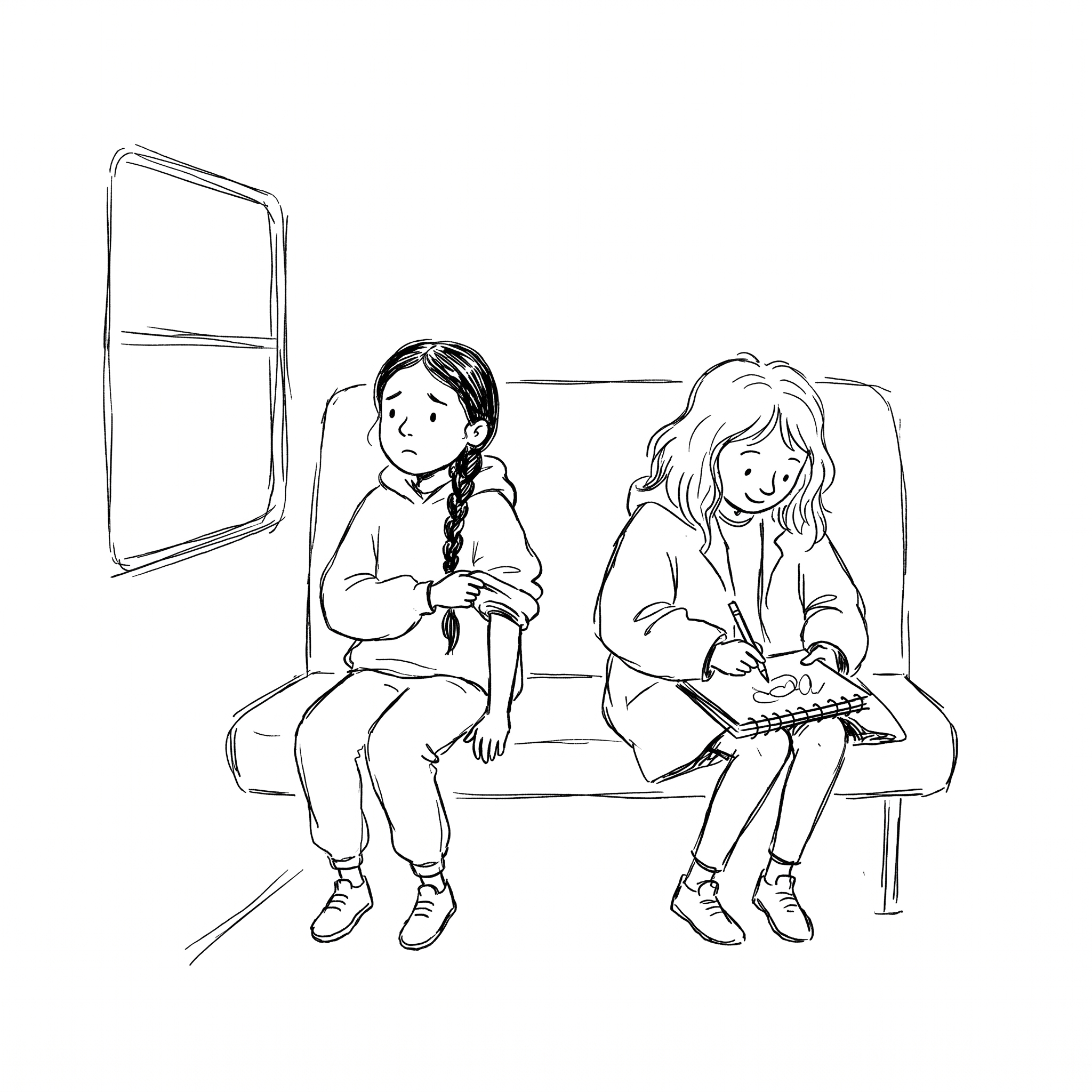 Simran on the school bus pulling her hoodie sleeve over her wrist while Maya draws beside her