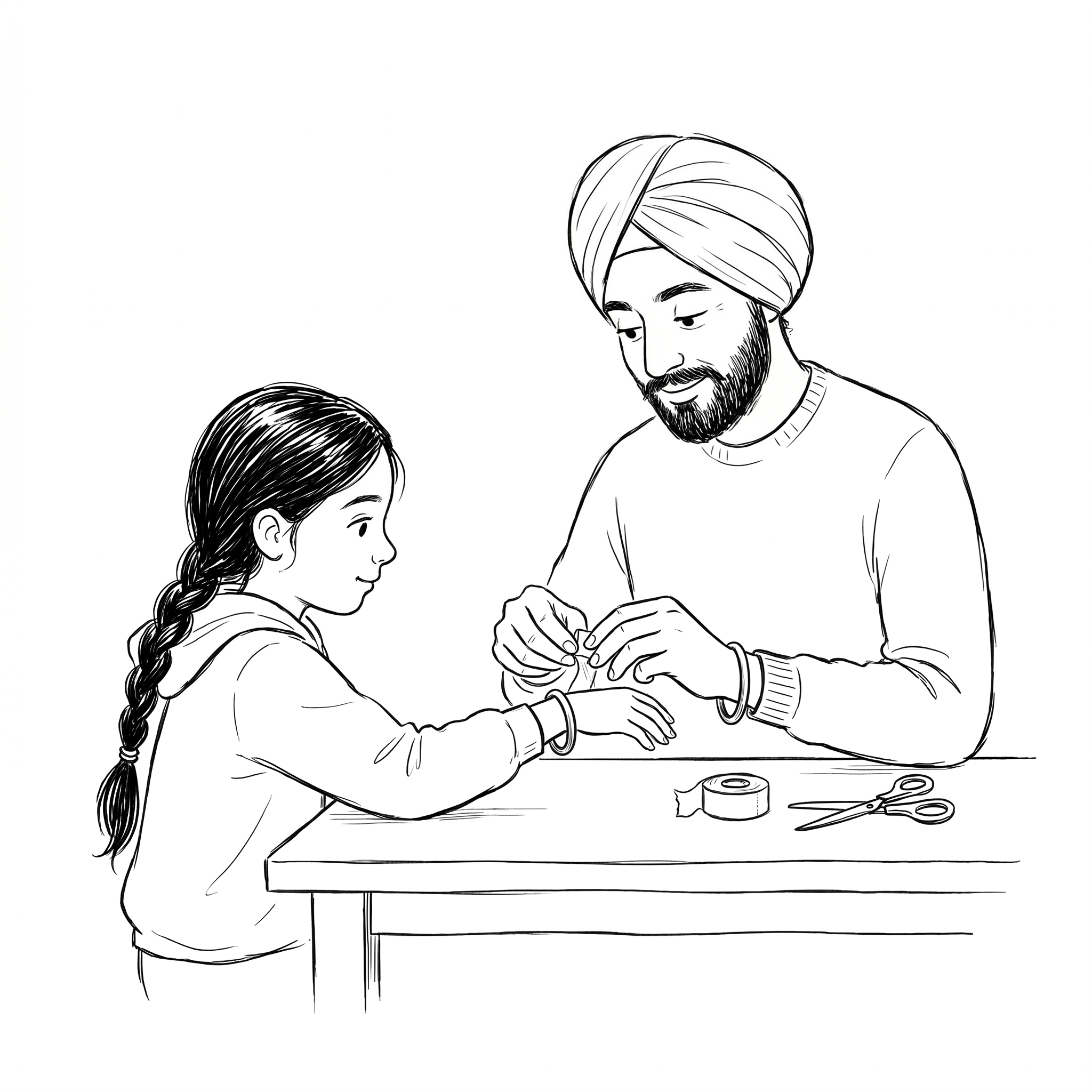 Dad gently winding white sports tape around the kara on Simran's wrist at the dinner table