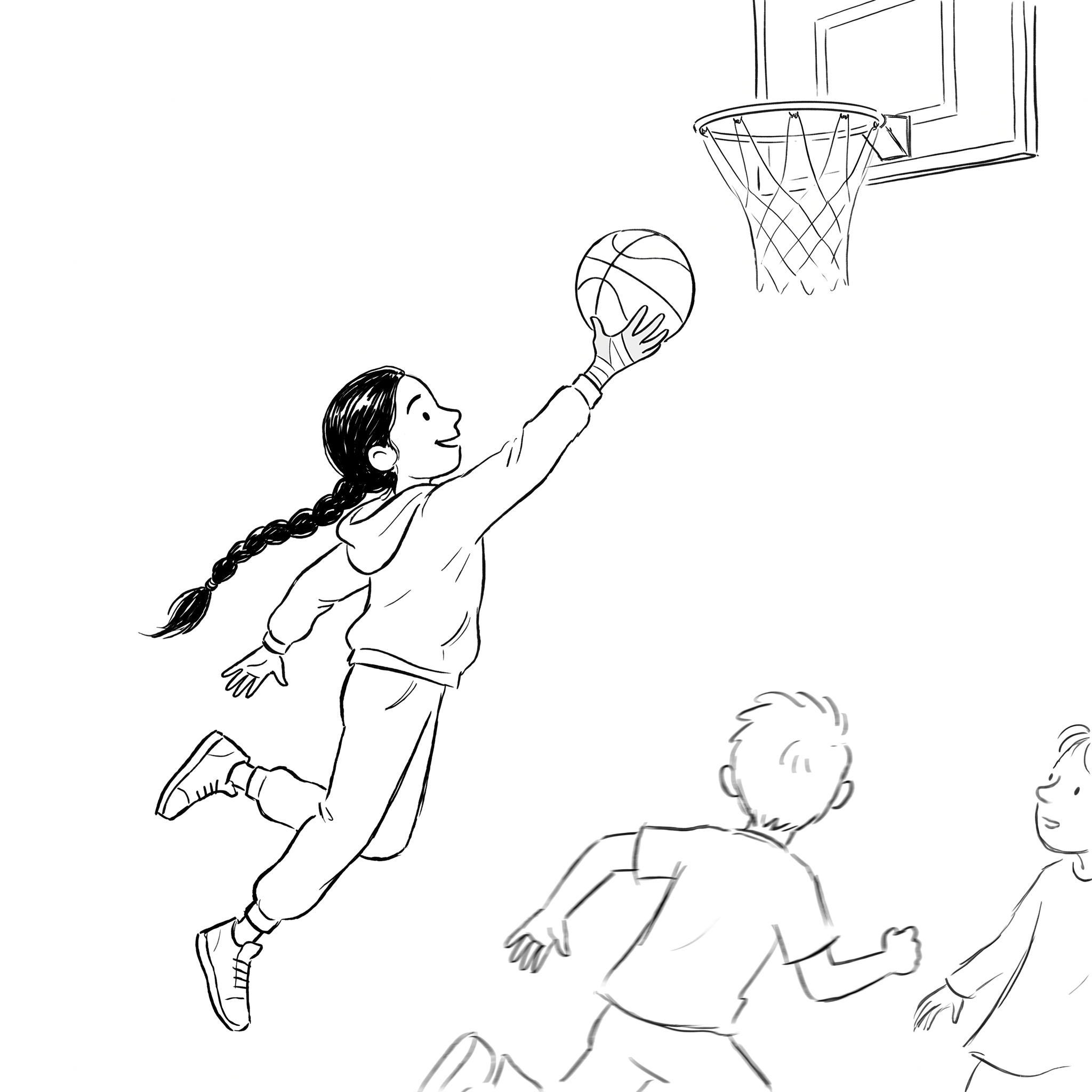 Simran leaping to lay the basketball up at the hoop, a band of tape around her wrist, other children playing nearby