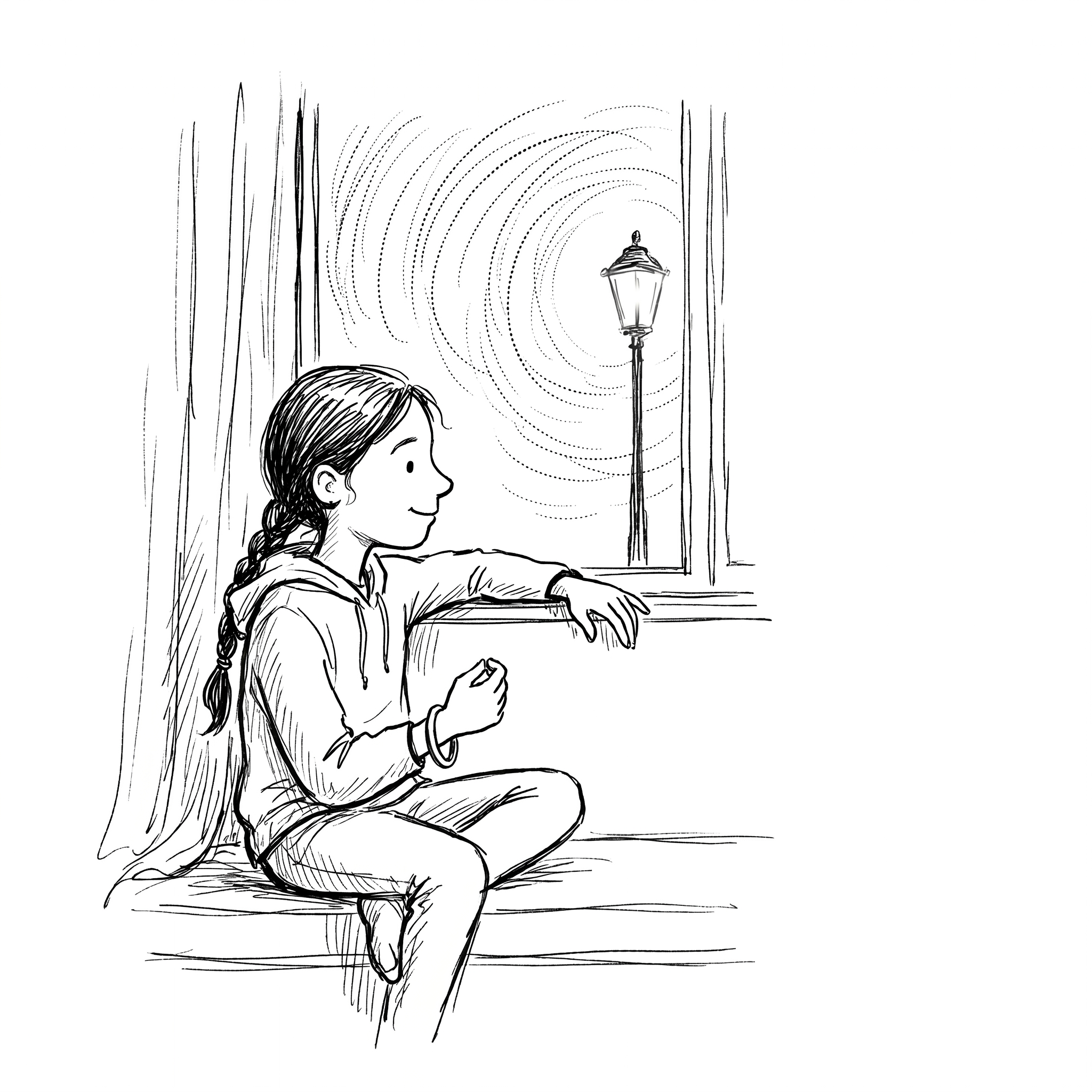 Simran sitting by her bedroom window in the evening, looking out at a streetlight and turning the kara on her wrist, content
