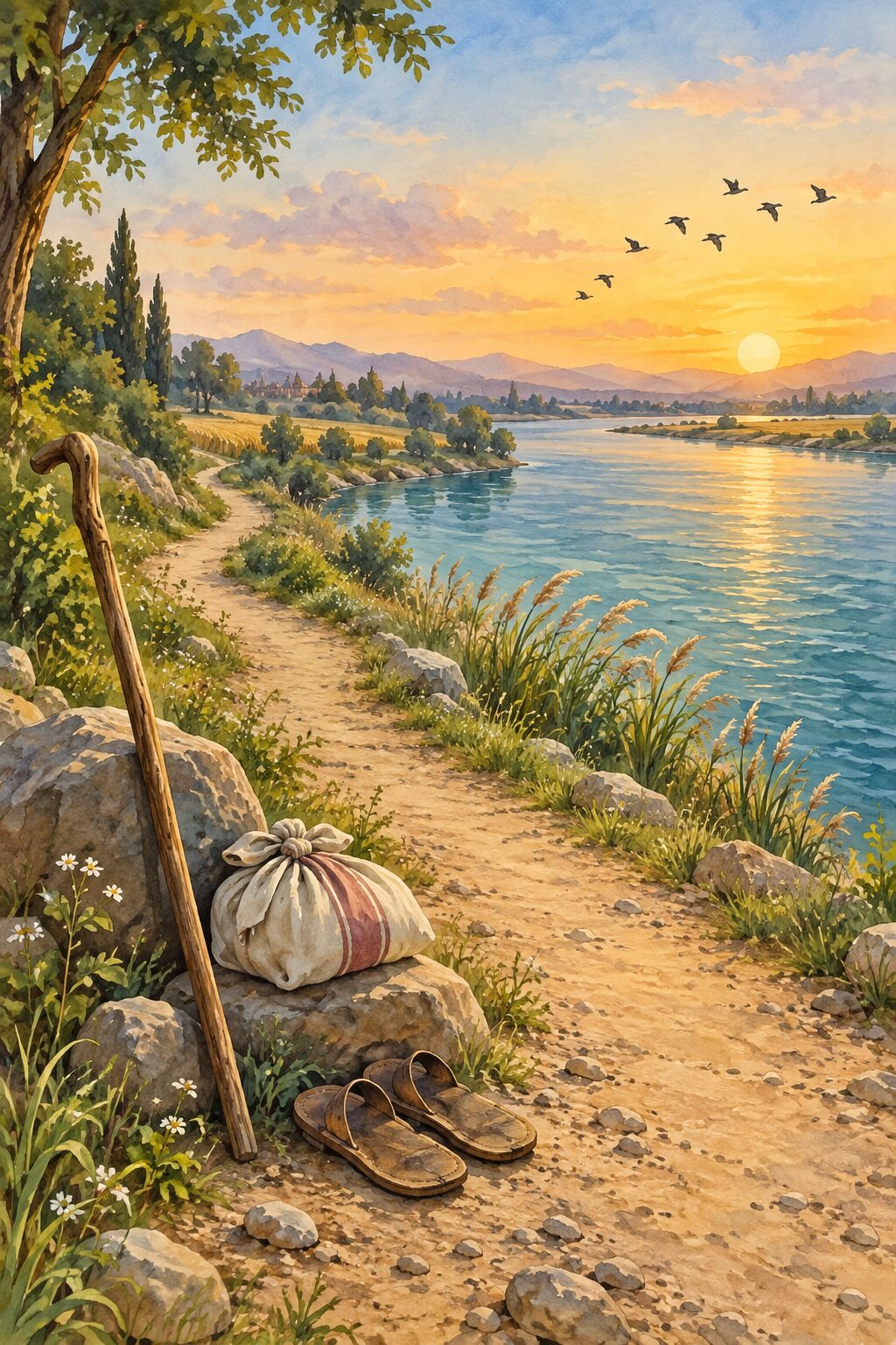 A walking staff, cloth bundle, sandals, and a river road at sunrise
