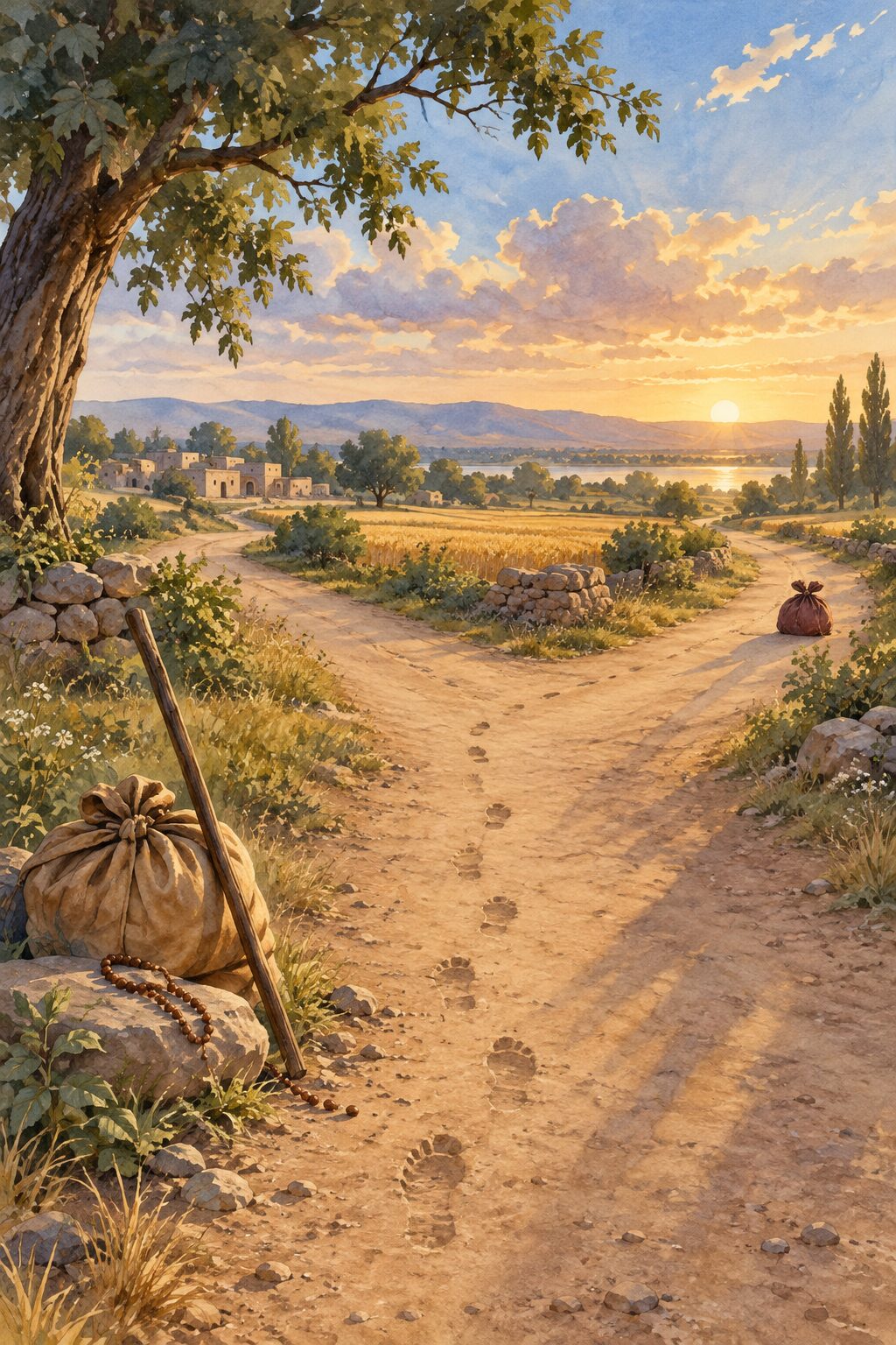 Two travel bundles beside a forked country road