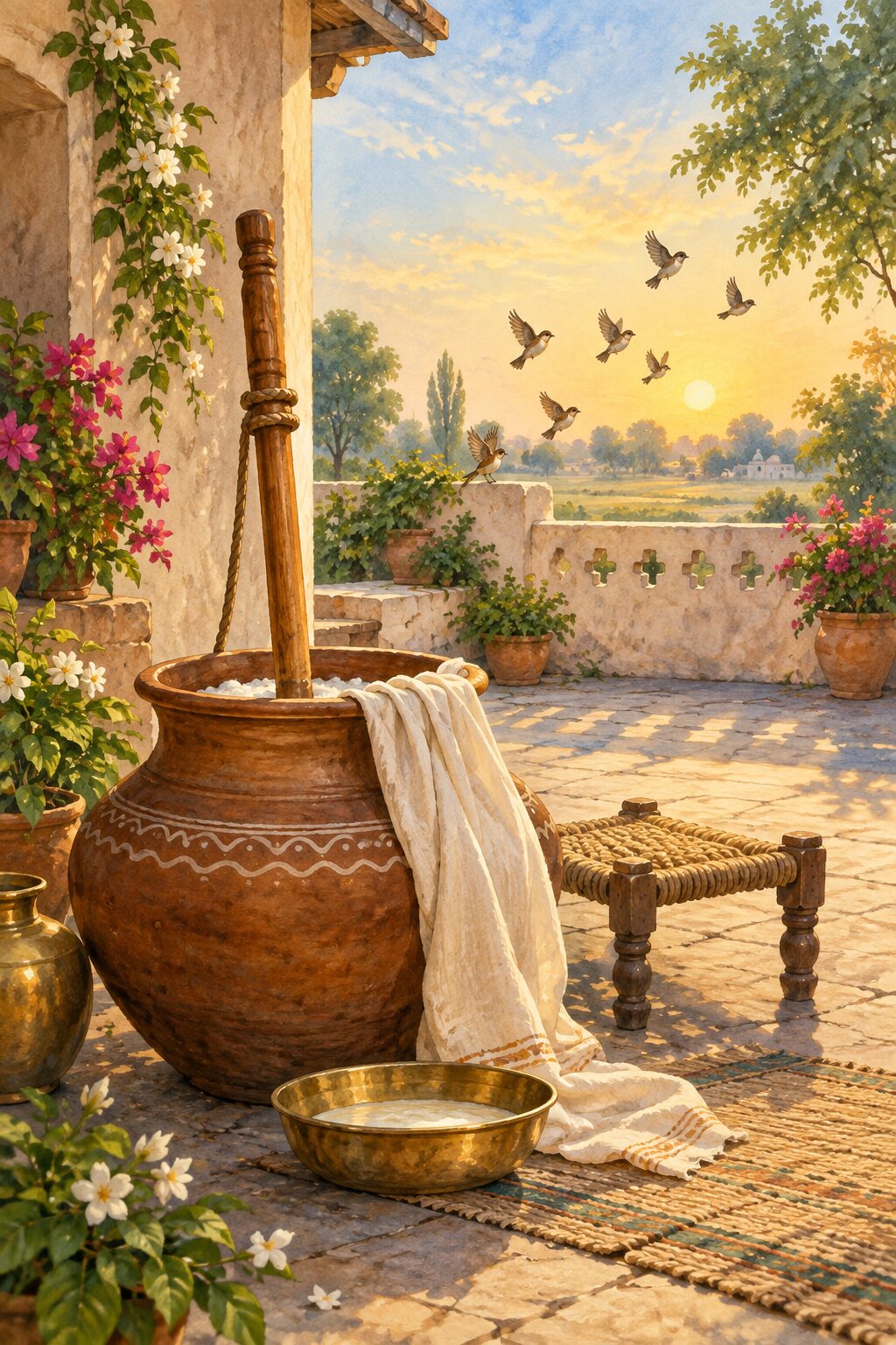 A clay curd churn in a sunlit courtyard as birds lift into the morning