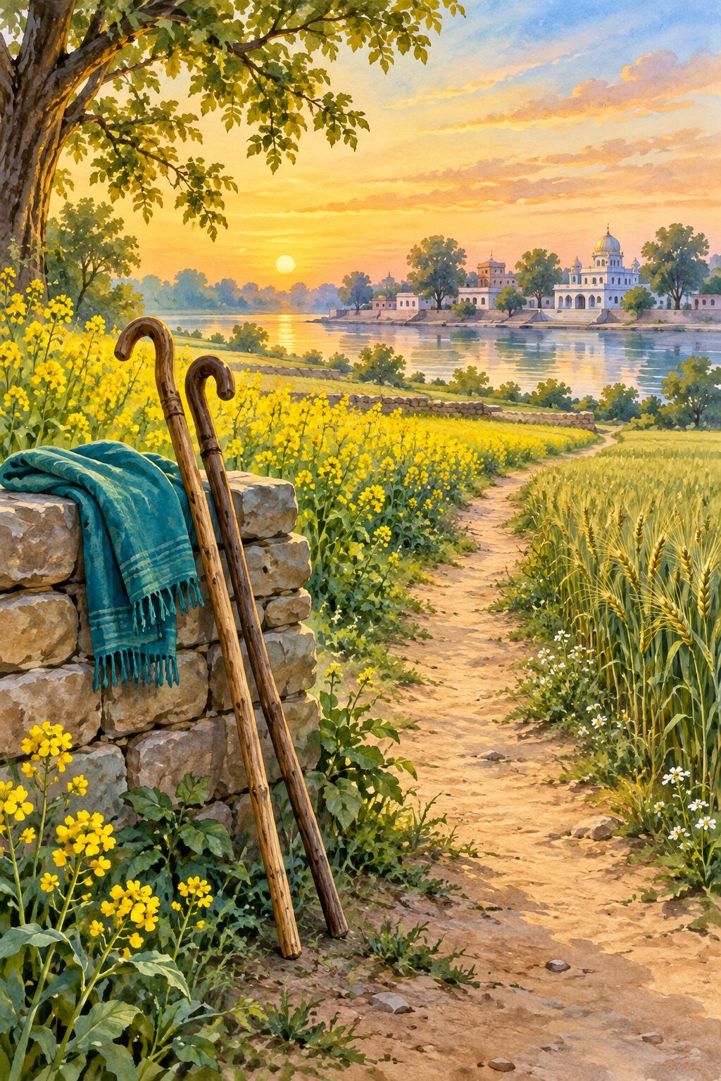 Two walking staffs and a teal cloth beside a dawn field path