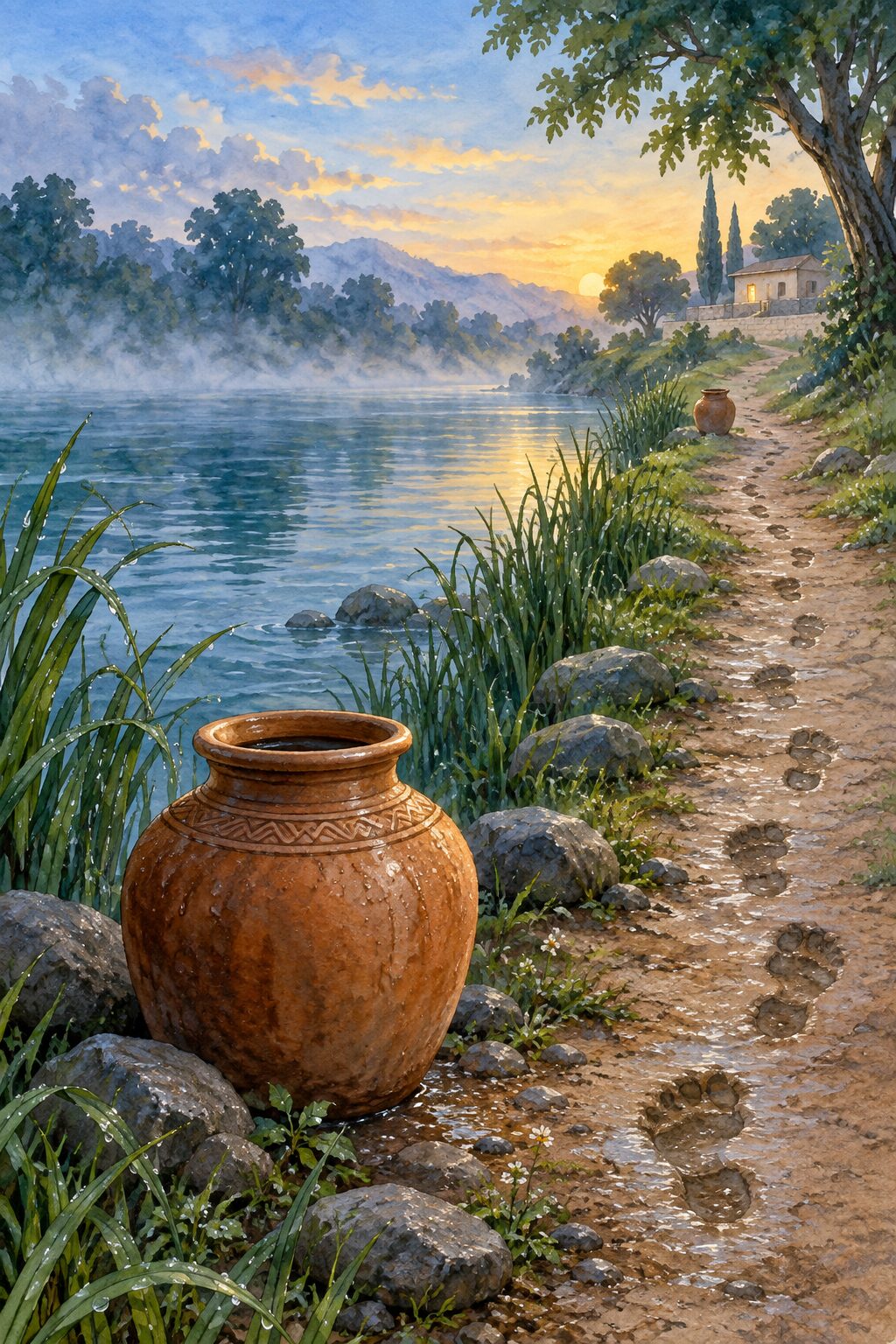 A clay water pot, wet footprints, and a misty river path