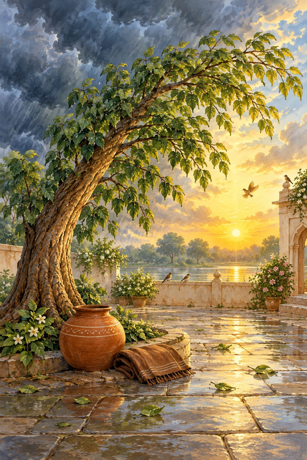 A rain-bent tree, water pot, and folded shawl beneath clearing skies