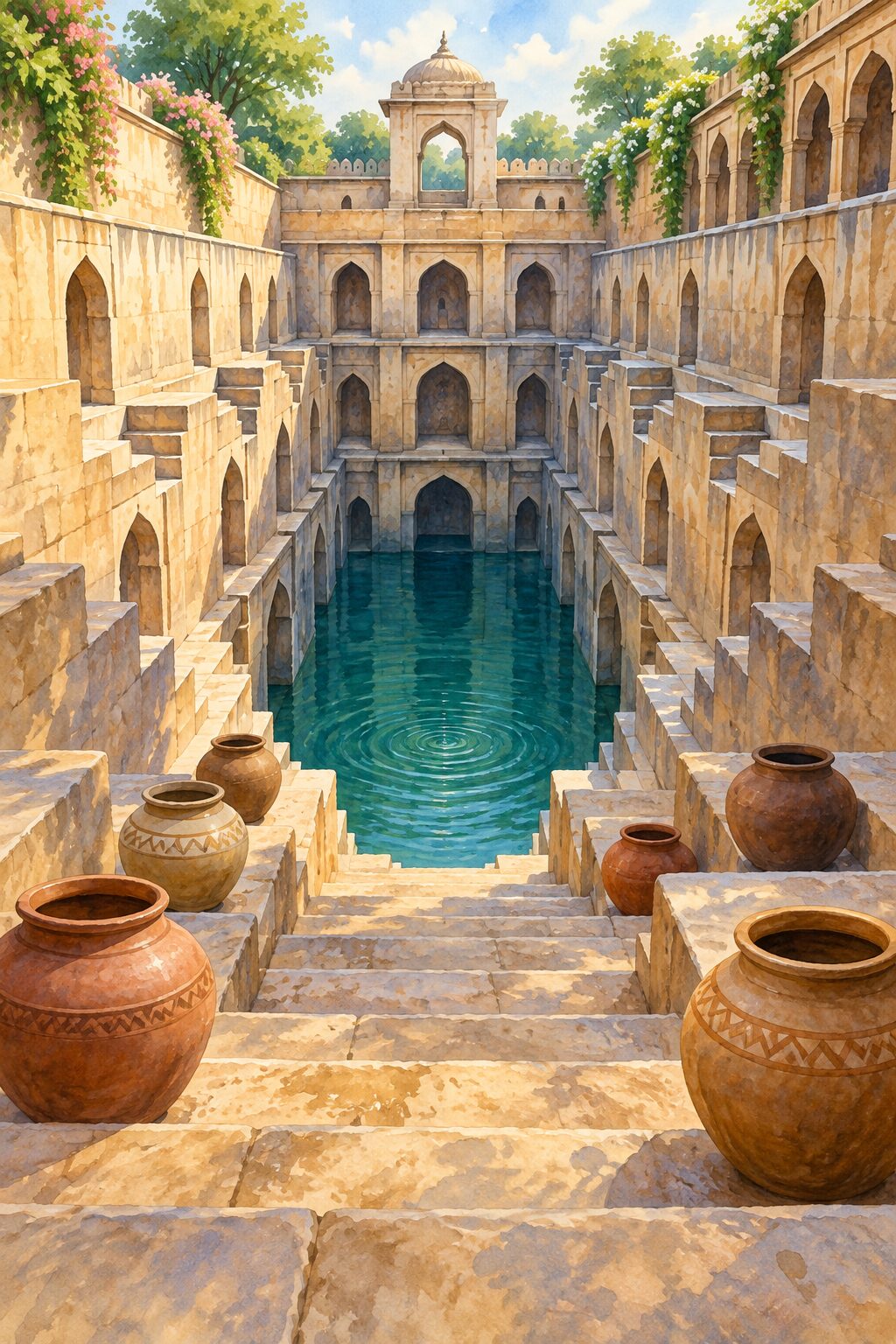 Empty clay jars set along the stone steps of the Goindwal Baoli