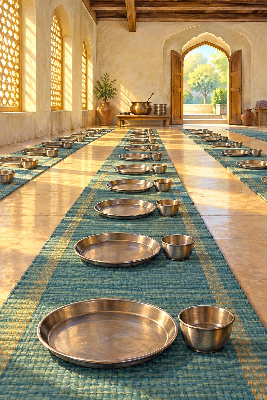 Equal rows of empty mats, plates, and bowls in a langar hall
