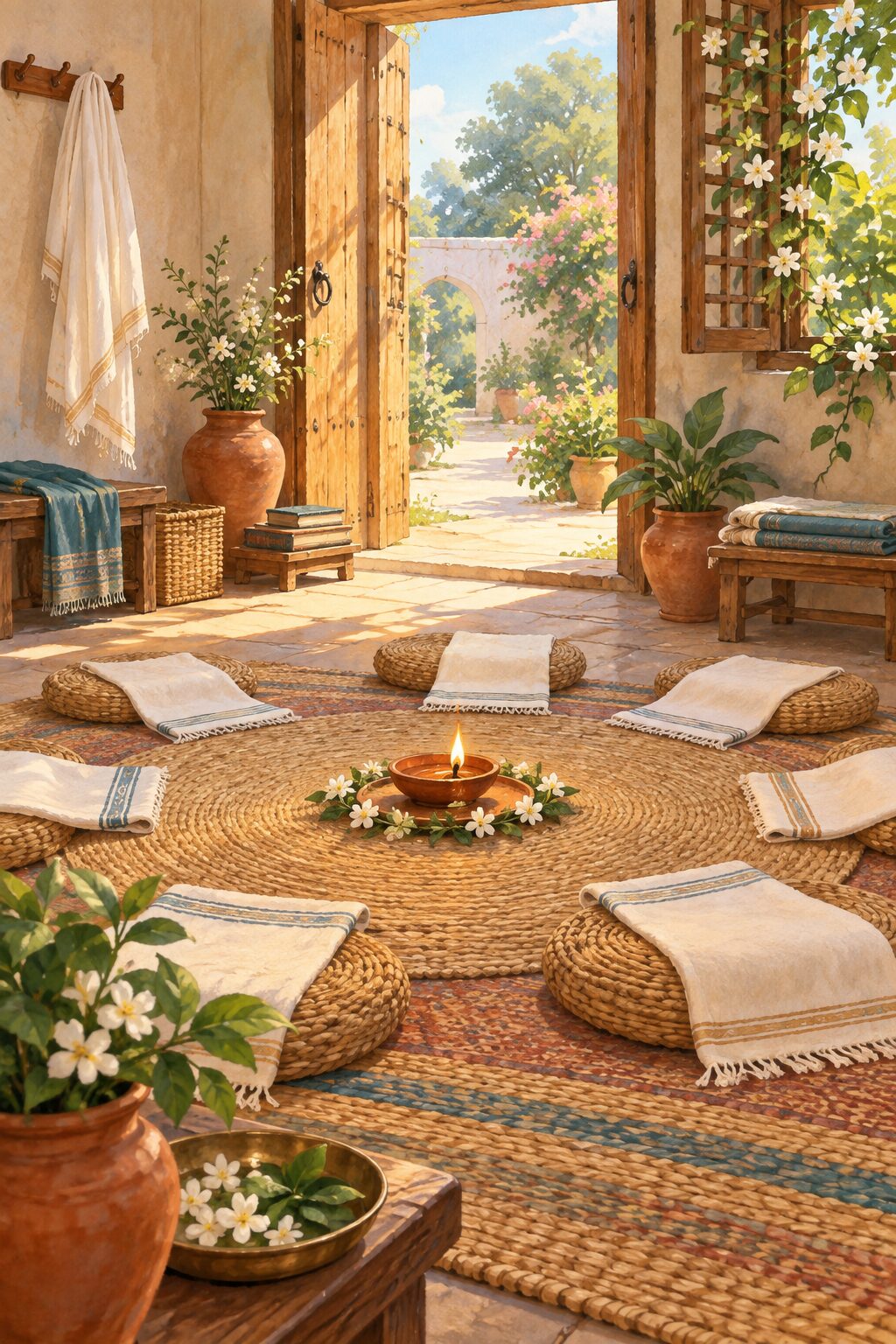 An open learning circle with cushions, a freely hung dupatta, and a lamp