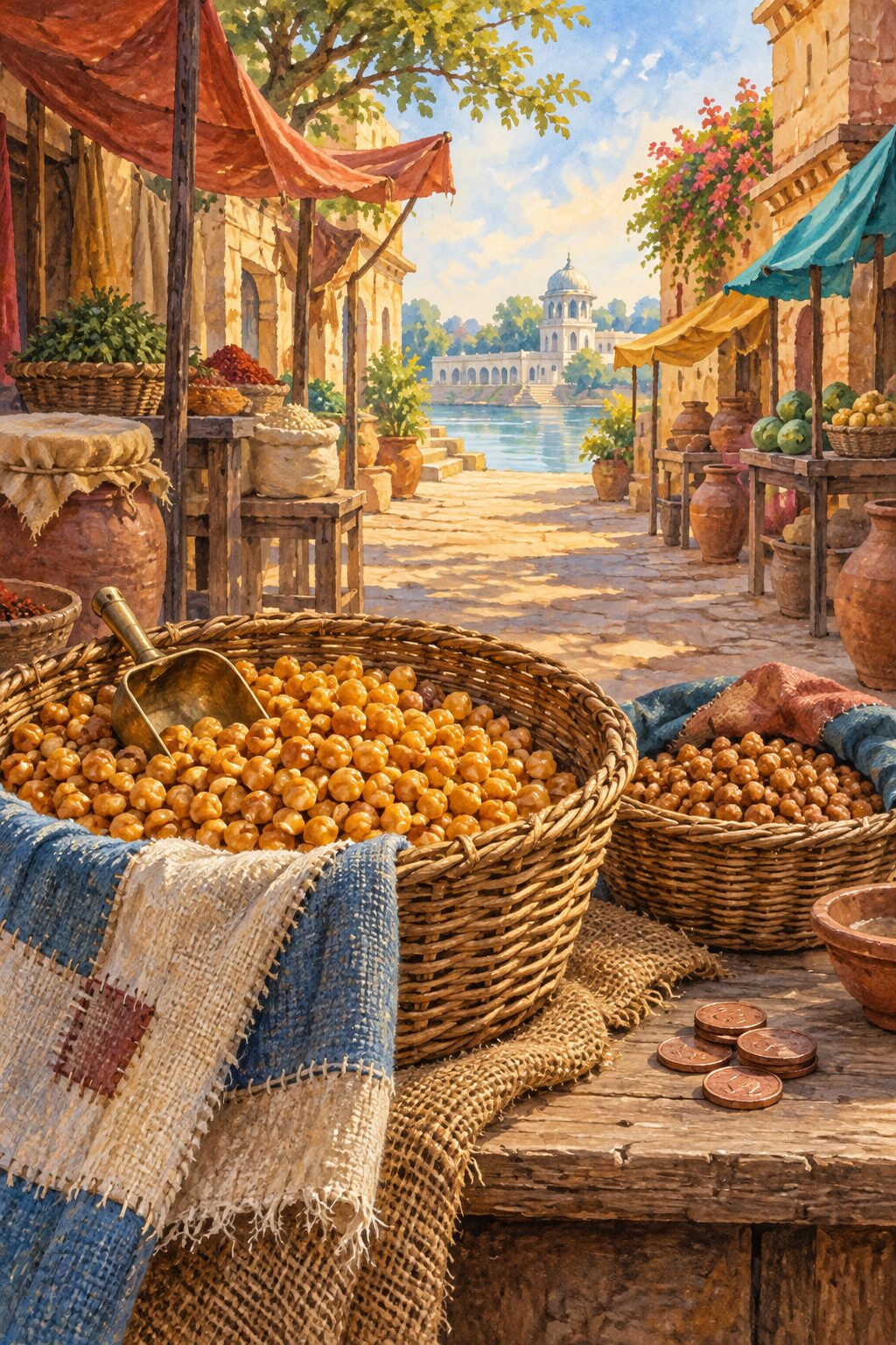 Baskets of boiled grams, a scoop, coins, and a patched cloth in a market lane