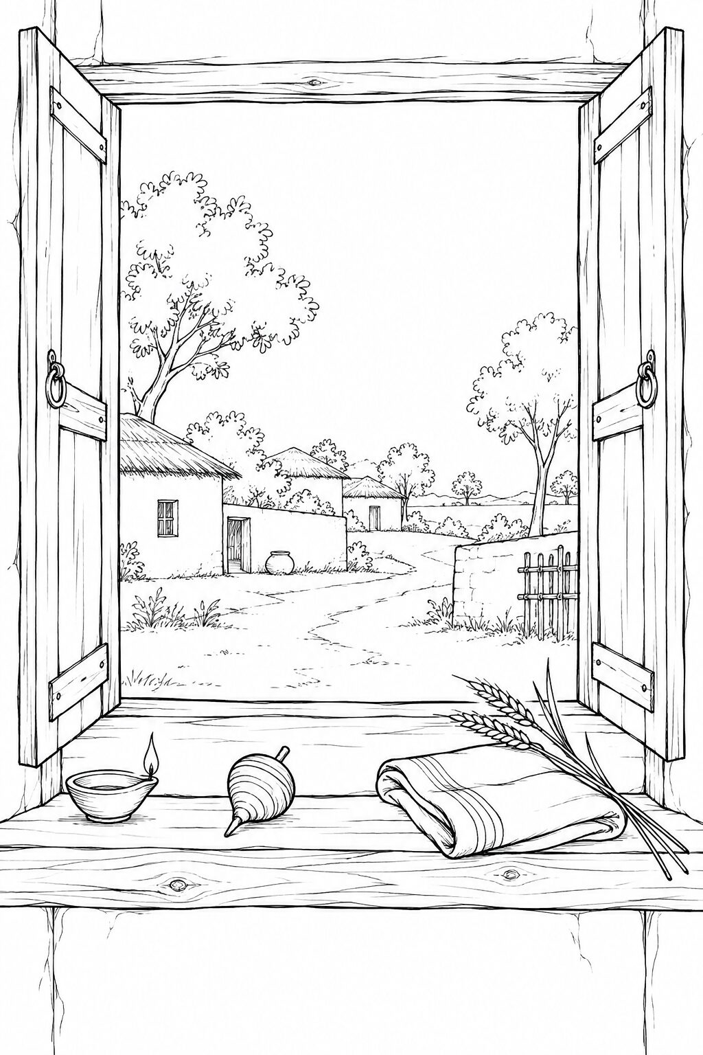 An open village window with a clay lamp, spinning top, folded cloth, and wheat