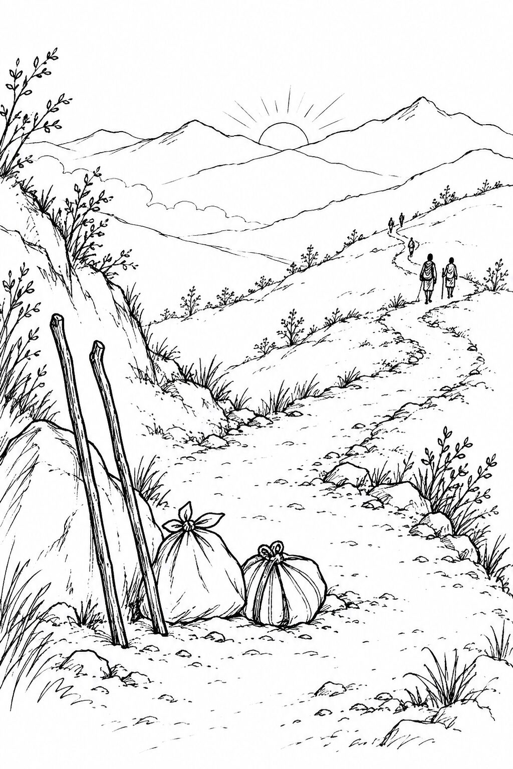 A winding hill path with pilgrims' walking sticks and travel bundles