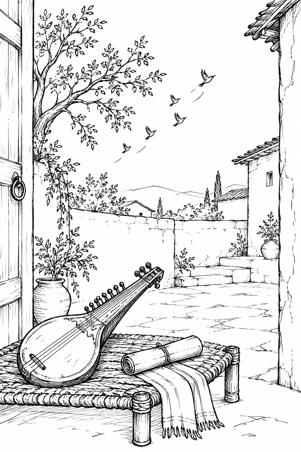 A rabab and rolled handwritten booklet resting in an open village courtyard