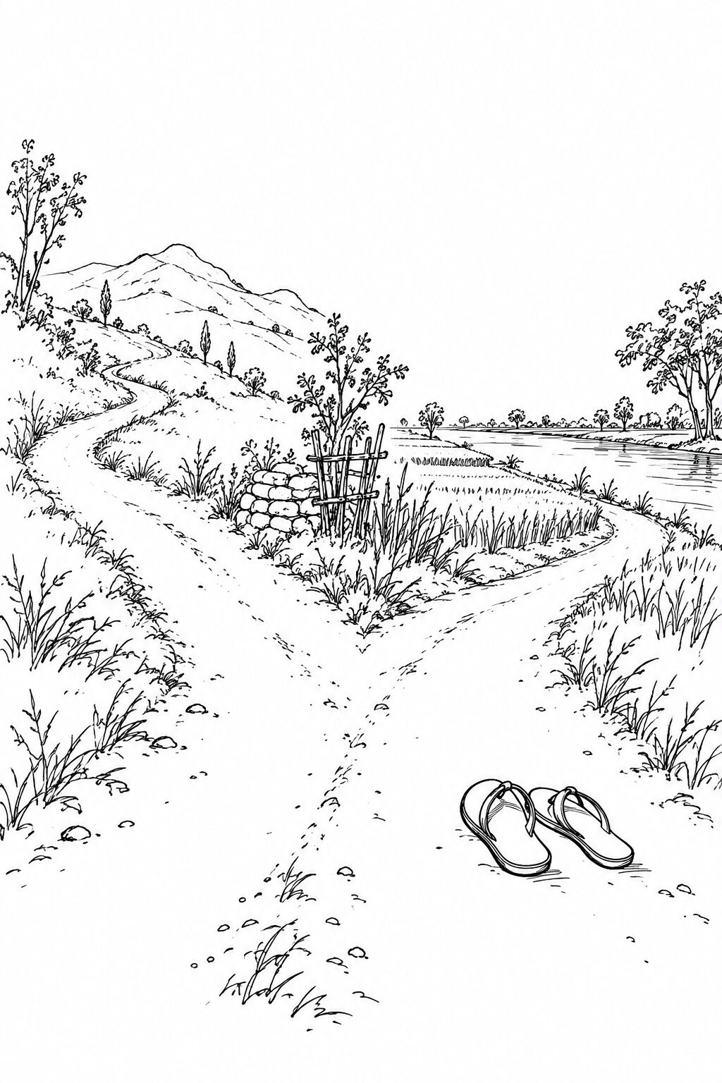 A forked rural path with sandals turned toward the riverside