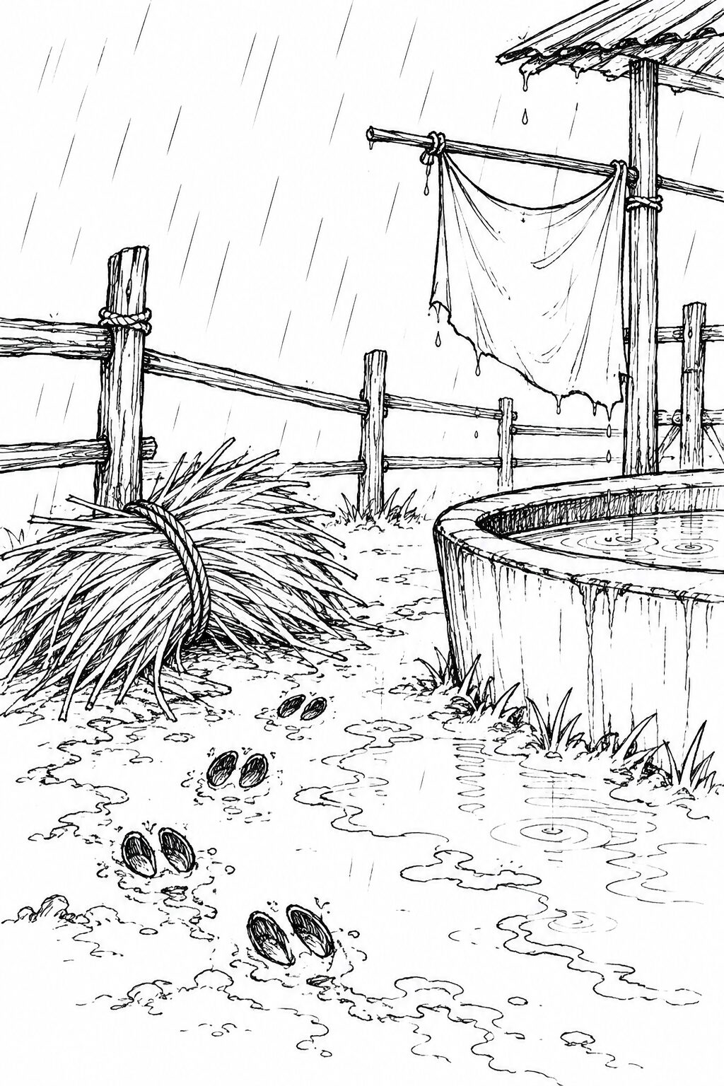 A straw fodder bundle, wet footprints, and cattle trough in a rainy yard