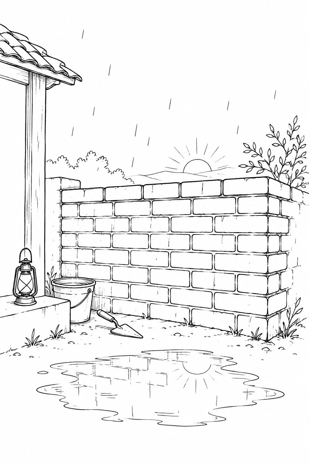 A freshly rebuilt brick wall, lantern, trowel, rain, and dawn reflected in a puddle
