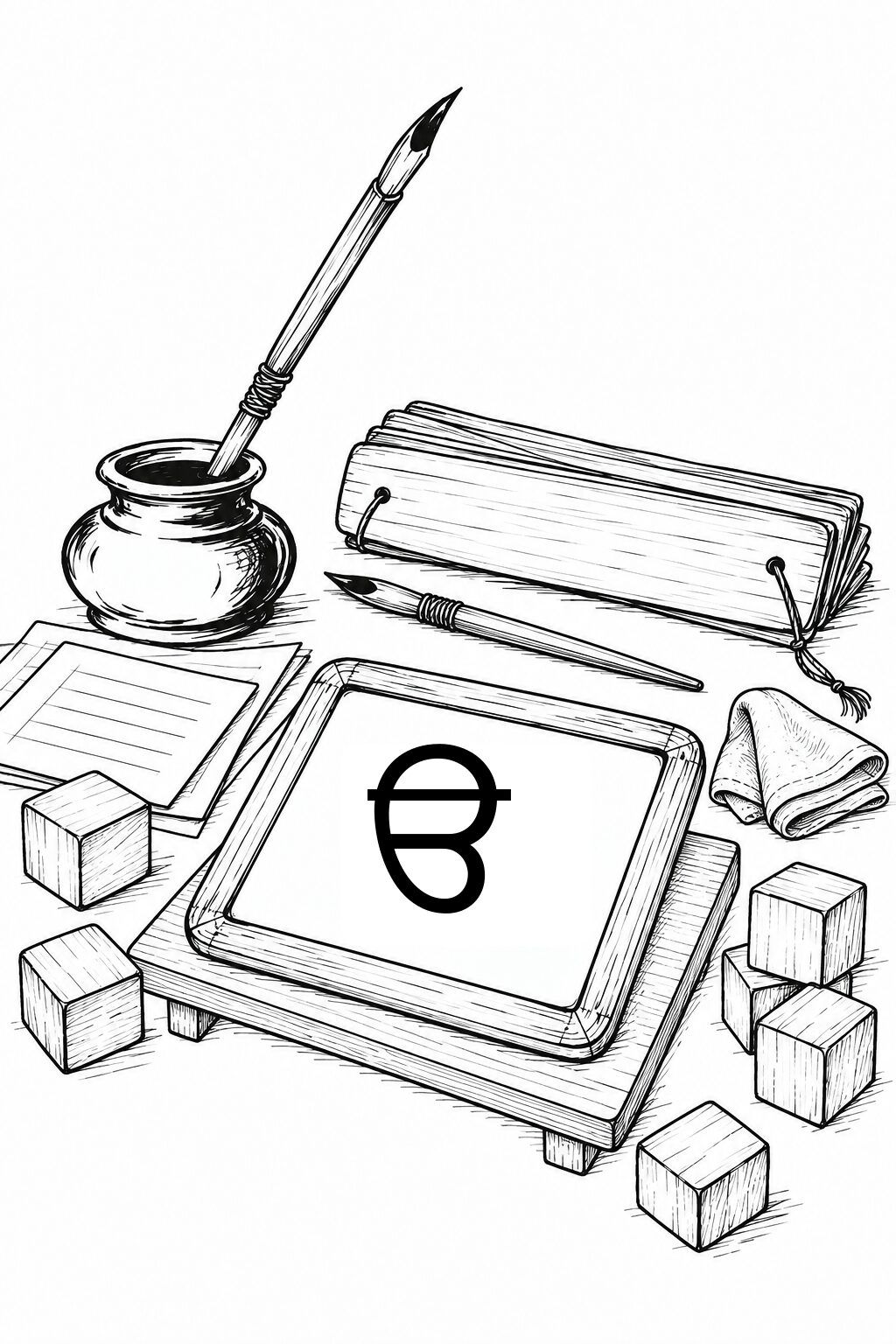A reed pen, inkpot, primer, and a practice slate showing the Gurmukhi letter oora