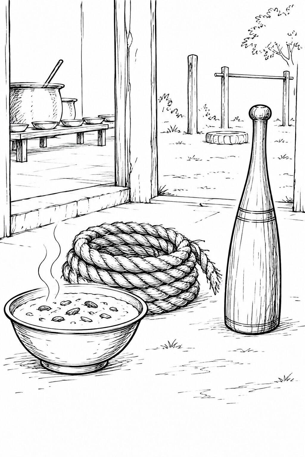 A coiled straw rope, kheer bowl, and wooden wrestling club