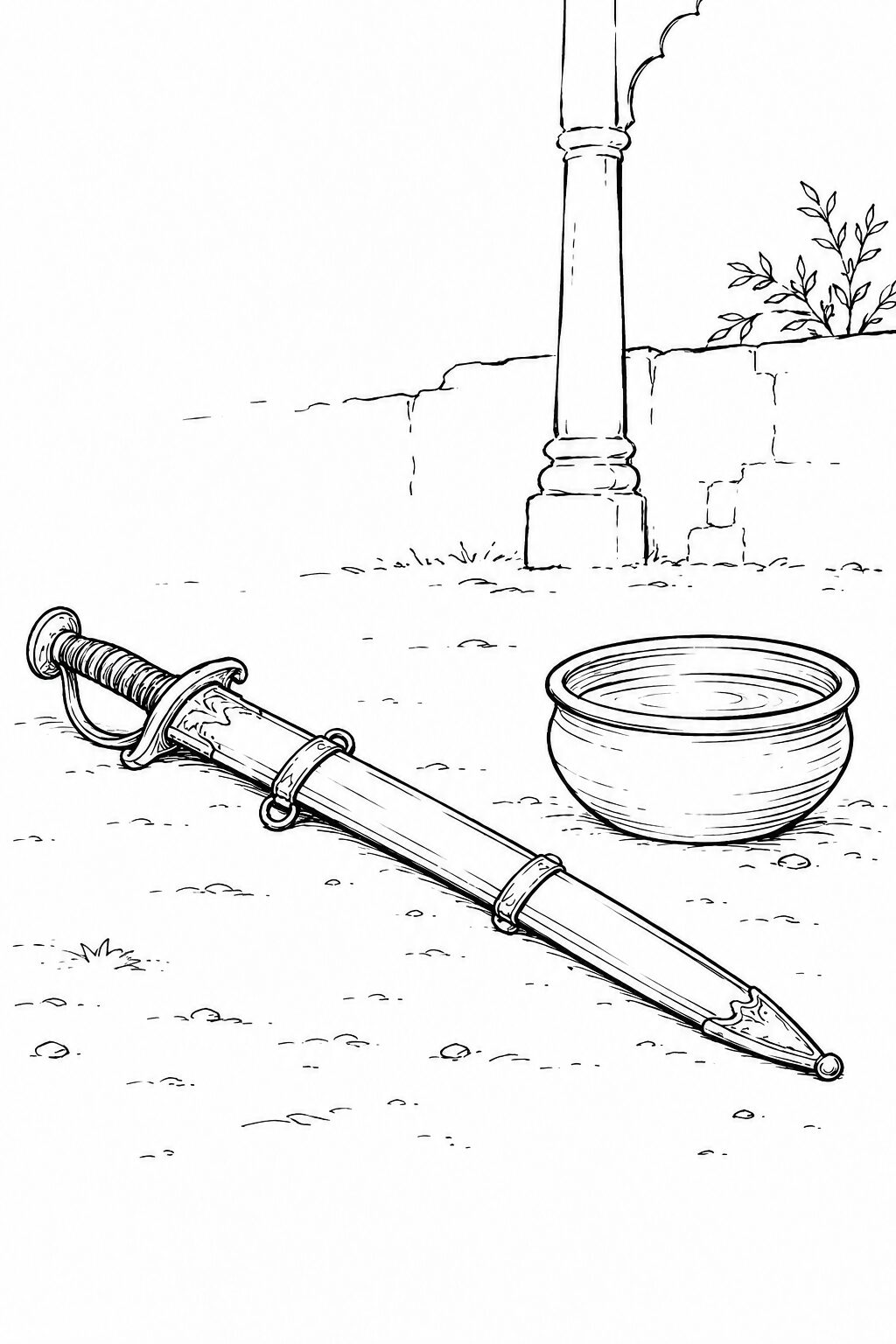 A sheathed sword and calm clay water bowl in a quiet courtyard
