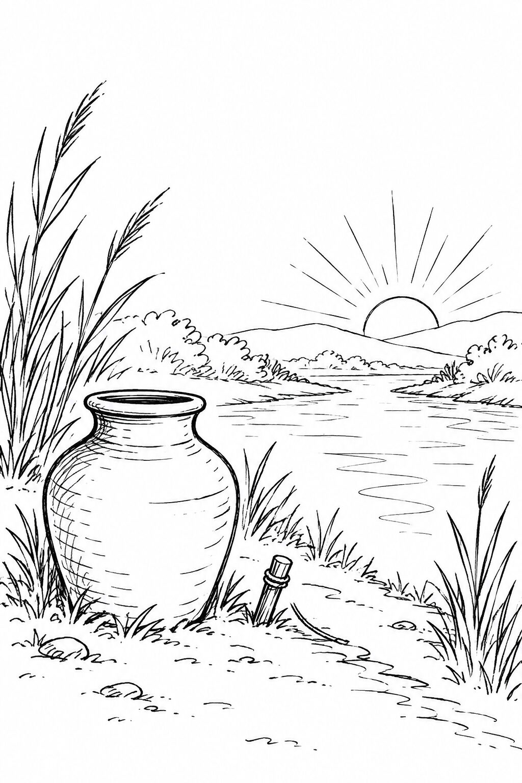 A clay water pot beside reeds and a river path at sunrise
