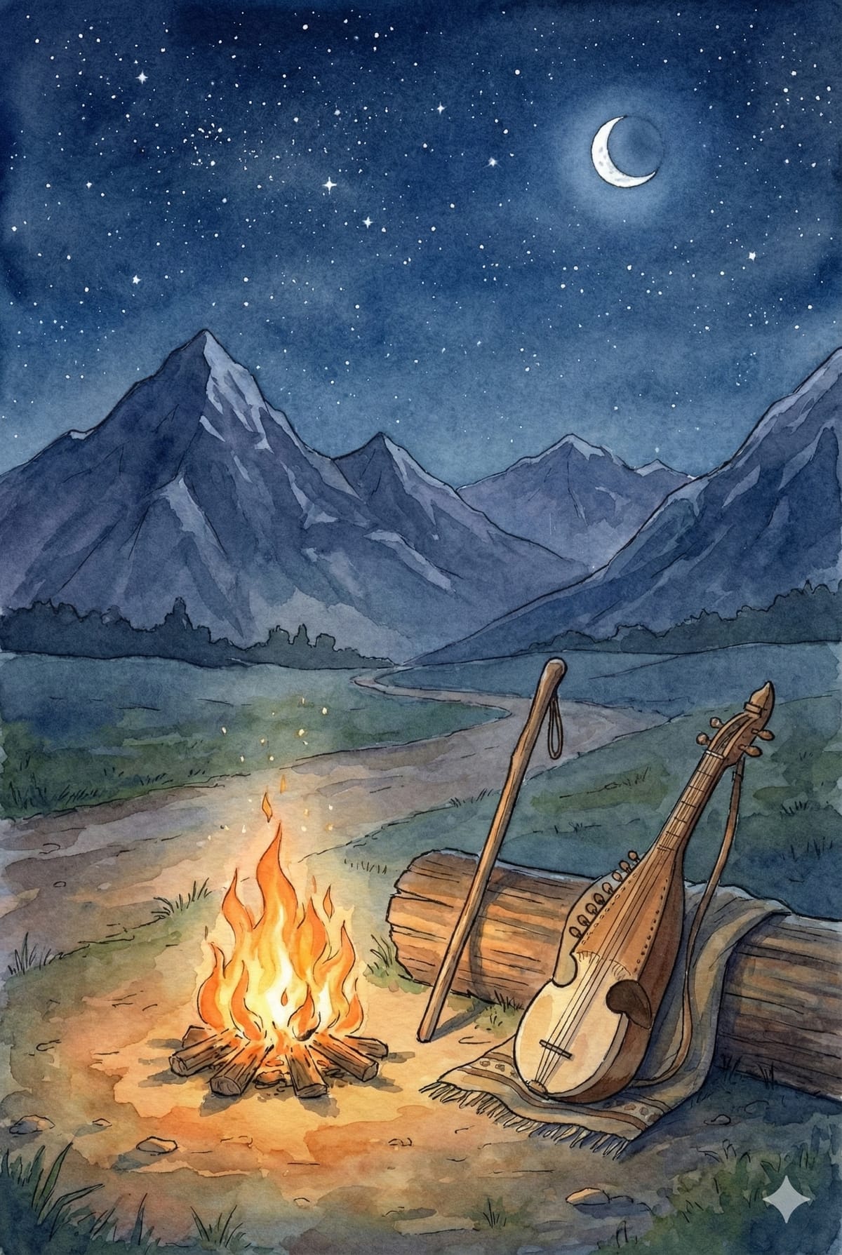 Abstract illustration of a journey through different landscapes