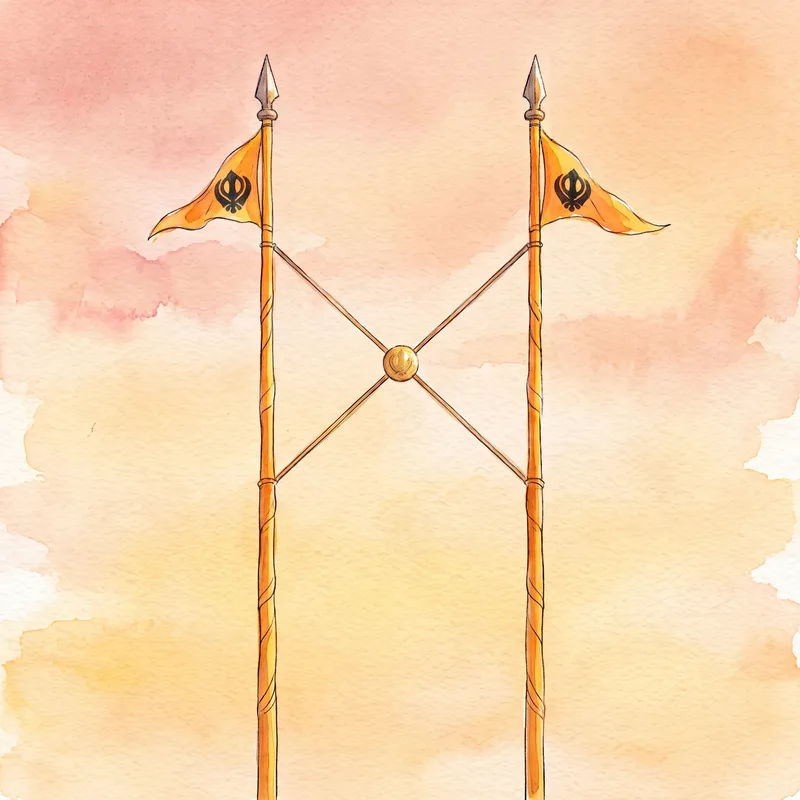 Watercolour of the two Nishan Sahibs at Sri Akal Takht Sahib against a warm dawn sky