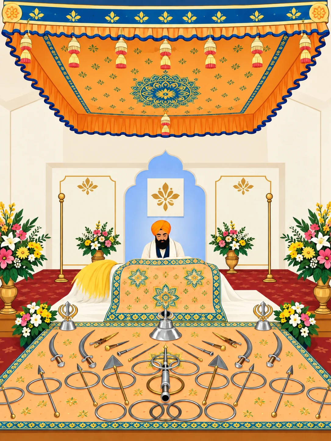 Illustration of Sri Guru Granth Sahib Ji under a decorated canopy in a gurdwara