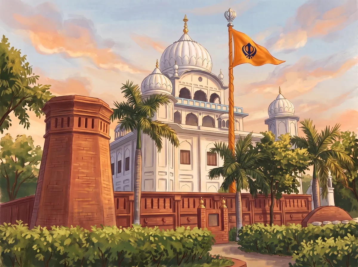 Illustration of Gurdwara Sri Garhi Sahib: a white gurdwara with ribbed domes behind a red-brick wall, a tall octagonal brick tower, palm trees and the saffron Nishan Sahib flying.