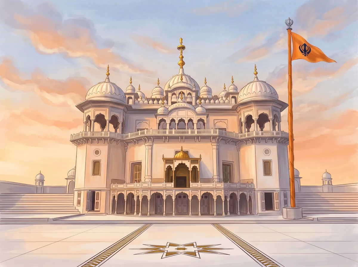Illustration of Takht Sri Keshgarh Sahib: a white marble building with domed corner towers and gold finials, a marble courtyard with an inlaid star, and the saffron Nishan Sahib flying.