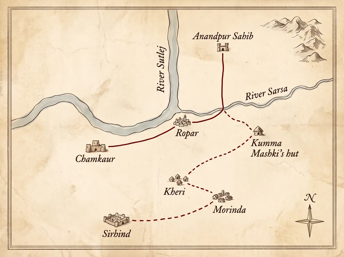 Old-style map of the route after the river Sarsa. From Anandpur Sahib the family reached the river Sarsa and was separated. Guru Gobind Singh Ji and the two elder Sahibzade went by Ropar to Chamkaur. Mata Gujri Ji and the two younger Sahibzade went to Kumma Mashki's hut, then to Kheri, Morinda and Sirhind.