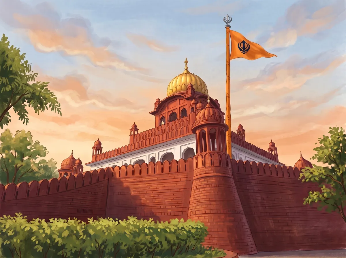 Illustration of Gurdwara Sri Thanda Burj Sahib at Fatehgarh Sahib: red fort walls, a golden dome and the saffron Nishan Sahib against an evening sky.