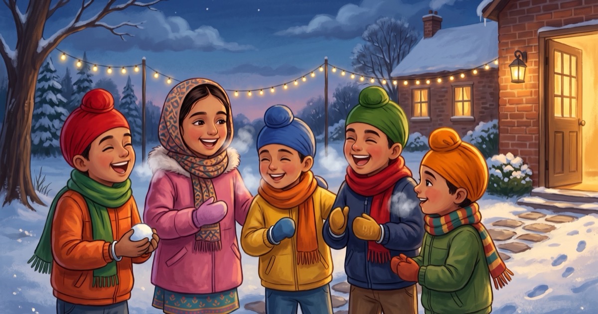 Five Sikh children in colorful winter coats and patkas laugh together in the snow outside a warmly lit house at dusk, string lights overhead.